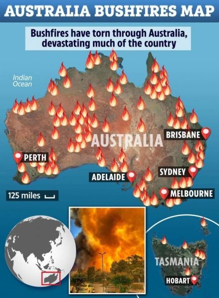 Map of Australia showing fires burning across the country